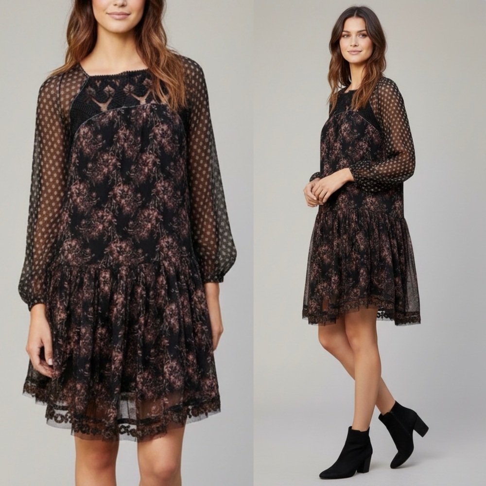 Free People Elsie Lace Chiffon Dress in Midnight Garden - XS Small